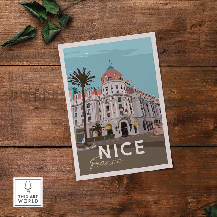 Nice France vintage travel poster art print with palm trees and iconic building.