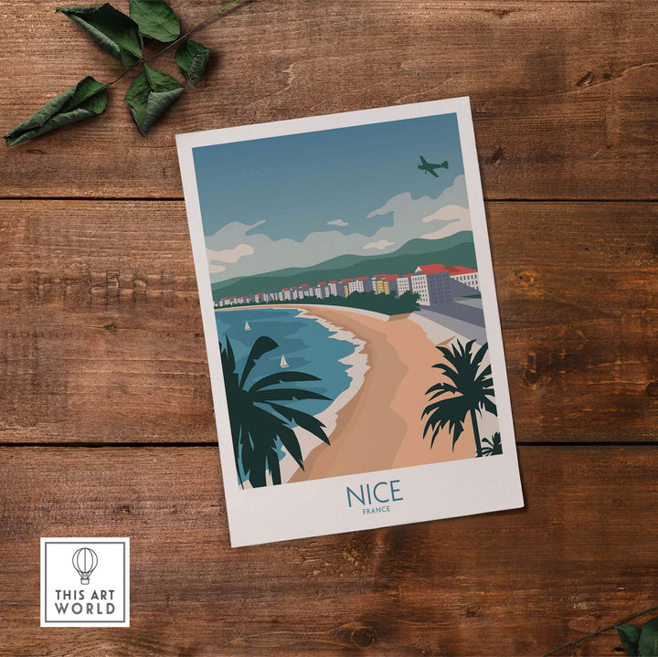 Nice France travel poster featuring a coastal view, vintage style, perfect for home or office decor.