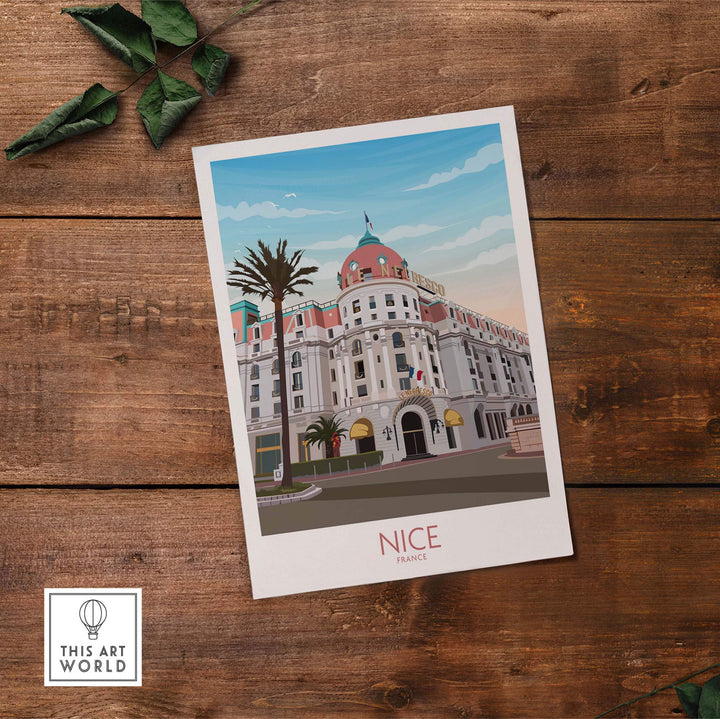 Nice France travel print featuring a vintage-inspired illustration of a building with palm trees.