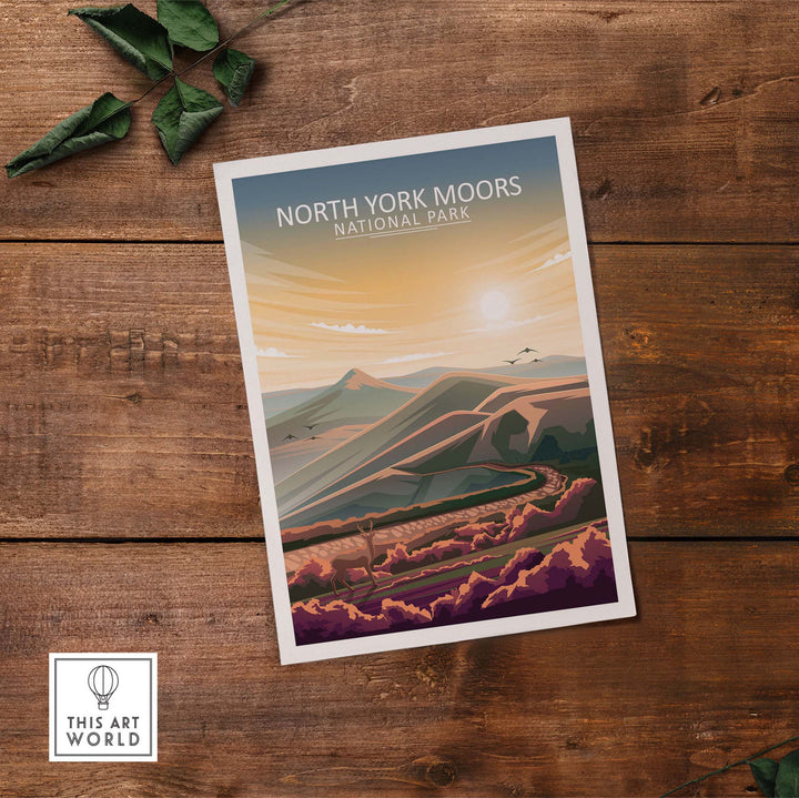 North York Moors National Park poster art print on wooden background with minimalist design and scenic landscape.