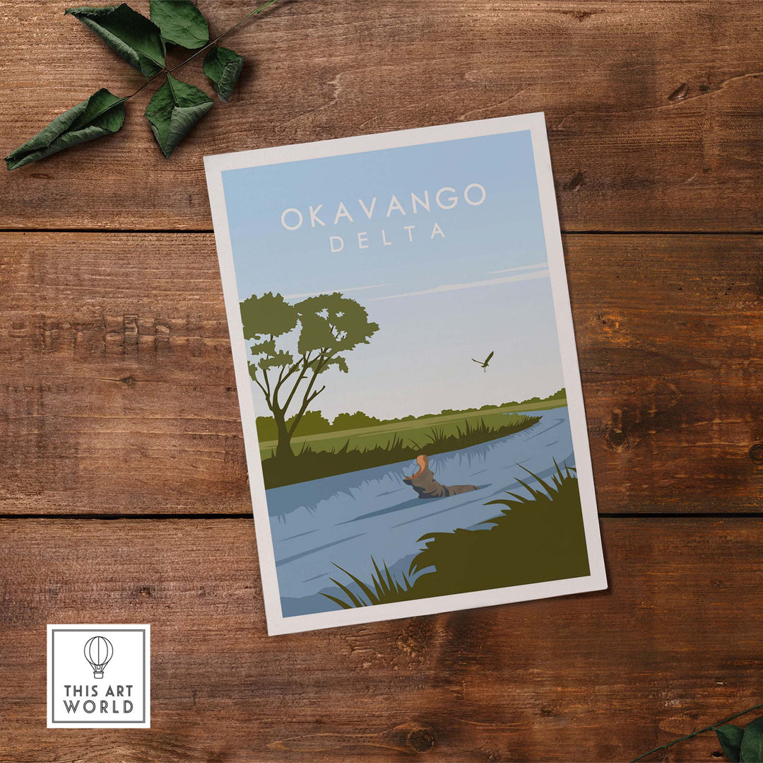 Okavango Delta print featuring minimalist design with water, trees, and a serene landscape, perfect for travel art decor.