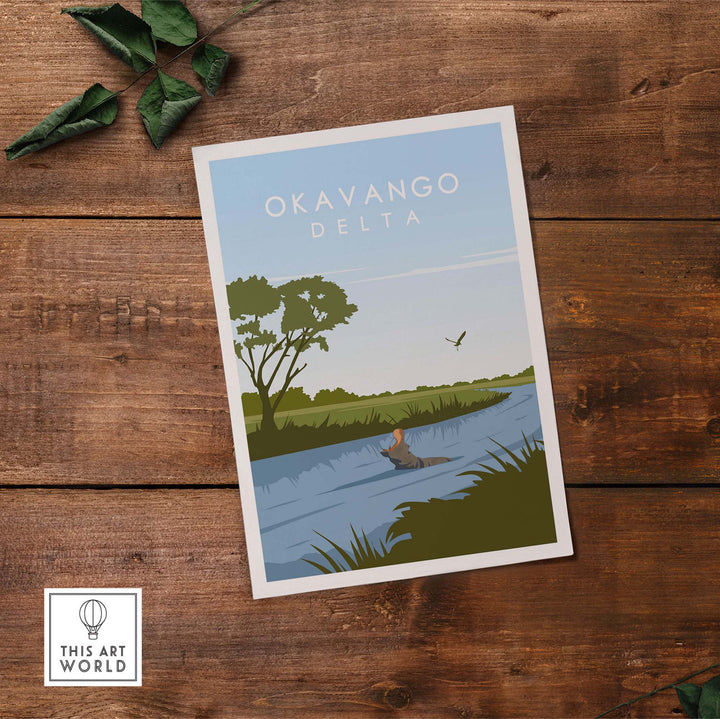 Okavango Delta print featuring minimalist design with water, trees, and a serene landscape, perfect for travel art decor.