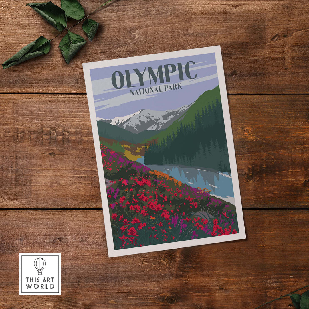 Vintage-style Olympic National Park poster featuring mountains and vibrant flowers, perfect for travel enthusiasts.