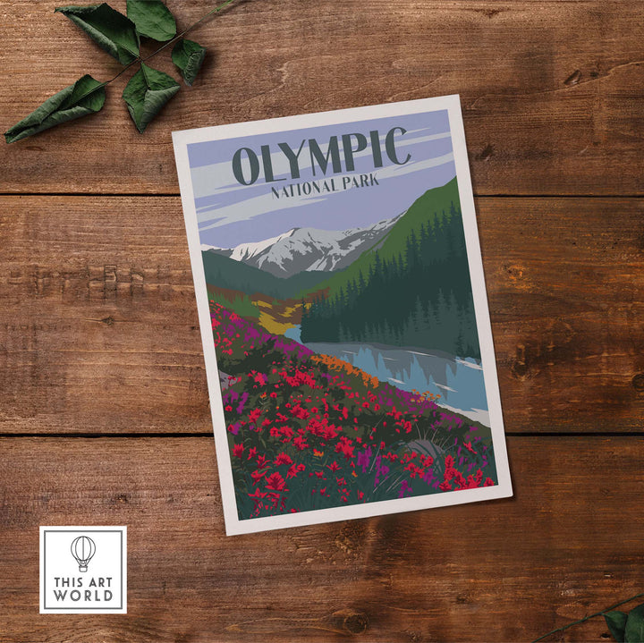 Vintage-style Olympic National Park poster featuring mountains and vibrant flowers, perfect for travel enthusiasts.