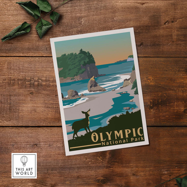 Vintage Olympic National Park print featuring a deer and scenic coastal landscape.