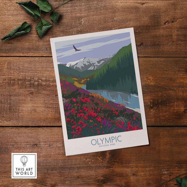 Olympic National Park poster featuring a scenic landscape with mountains, lake, and flowers, in a minimalist art style.