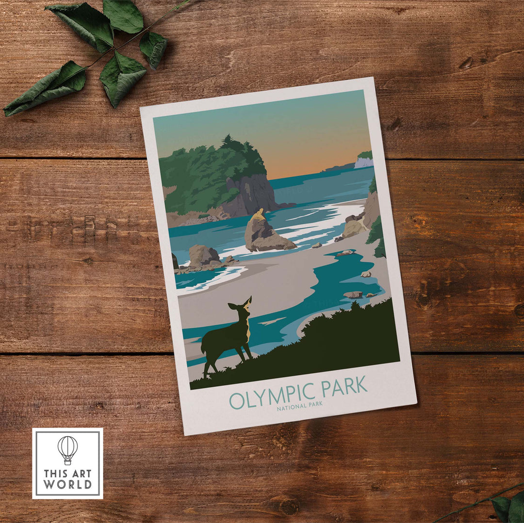 Olympic National Park wall art featuring a deer by the coast in a minimalist design, perfect for home decor.