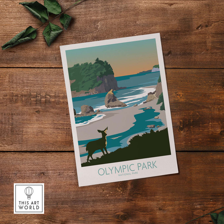 Olympic National Park wall art featuring a deer by the coast in a minimalist design, perfect for home decor.