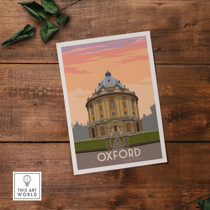 Oxford Print Poster Wall Art featuring the iconic architecture of Oxford, England, designed in a vintage travel style.