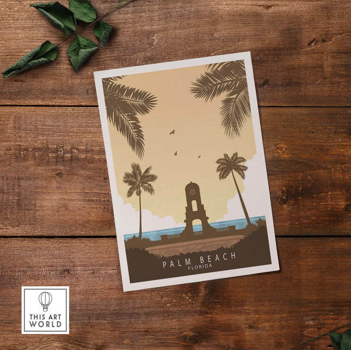 Palm Beach Florida vintage travel poster print featuring palm trees and a sunset backdrop, perfect for home decor.