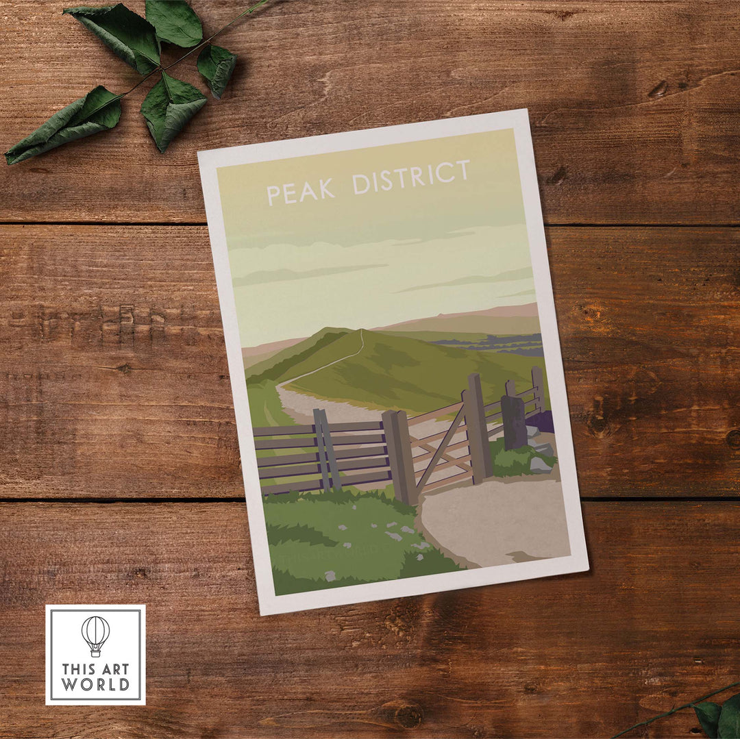 Peak District print with a vintage travel poster design featuring hills and a wooden gate.