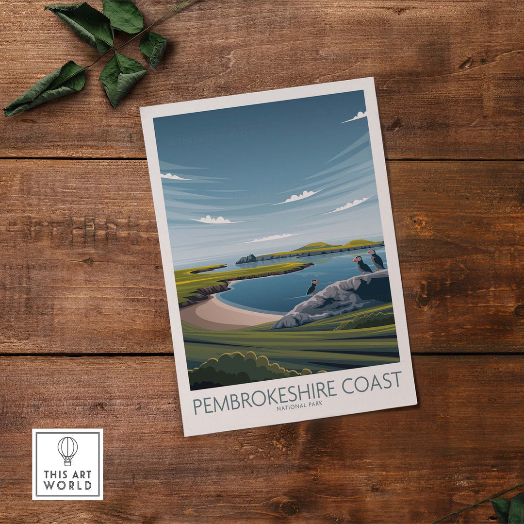Pembrokeshire Coast National Park poster print featuring a scenic coastal landscape in minimalist style.