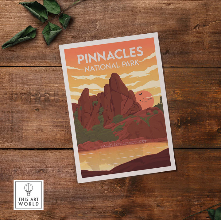 Pinnacles National Park poster showcasing minimalist artwork of scenic rock formations and sunset.