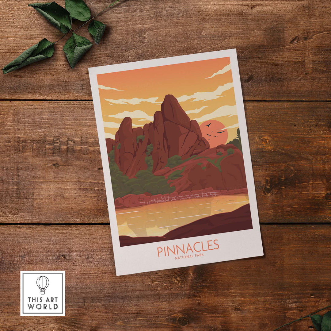 Pinnacles National Park art print showcasing minimalist design with vibrant sunset colors and iconic rock formations.