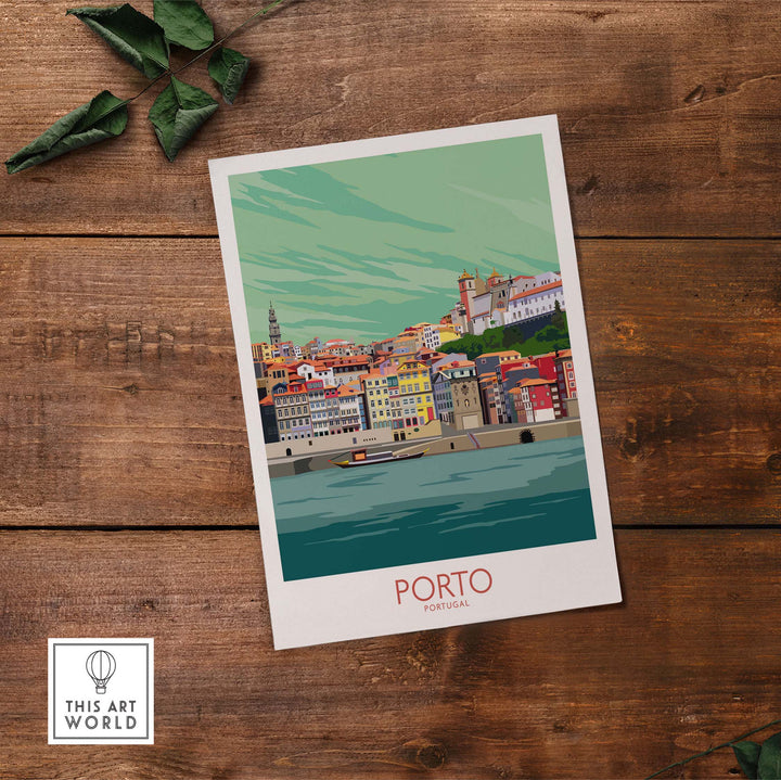 Vintage Porto Portugal travel poster artwork with colorful cityscape illustration.