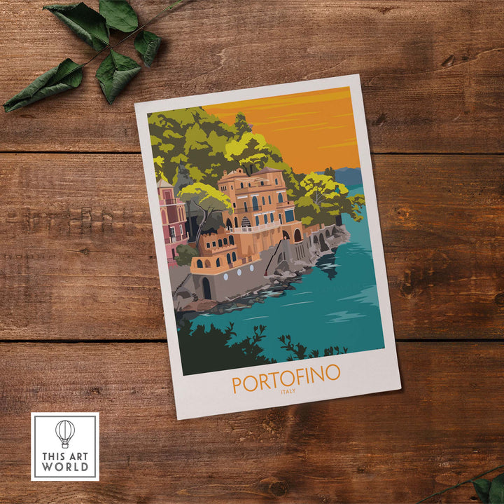 Portofino Print Travel Poster featuring vibrant colors and scenic coastal architecture, perfect for home or office decor.