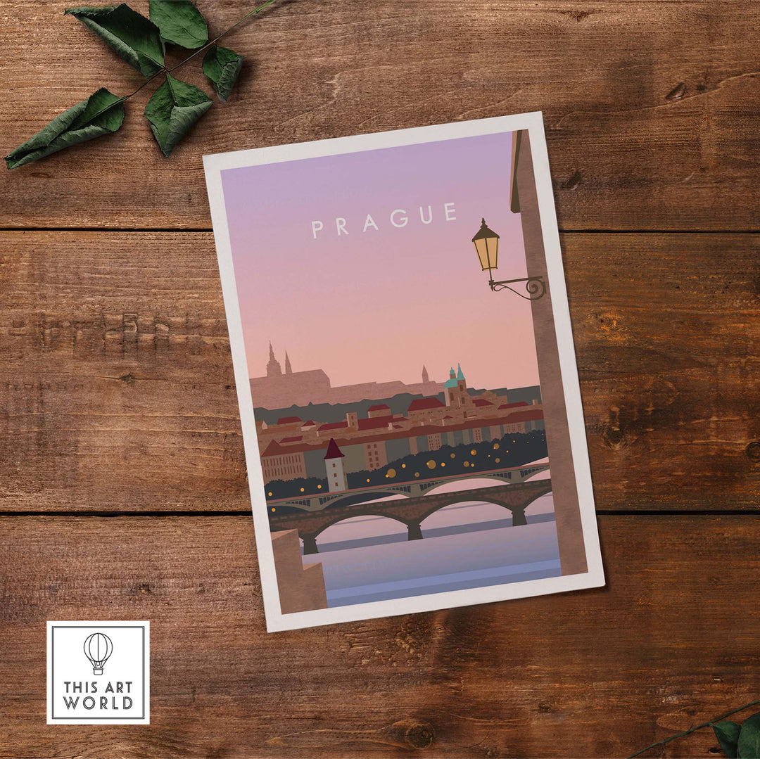 Prague Print Wall Art Poster featuring a sunset view of the city, perfect for home or office decor.