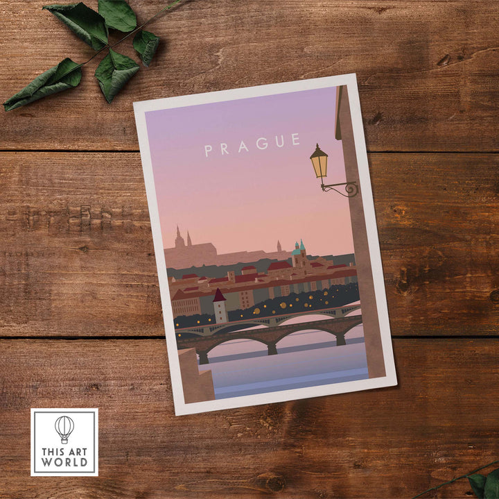 Prague Print Wall Art Poster featuring a sunset view of the city, perfect for home or office decor.