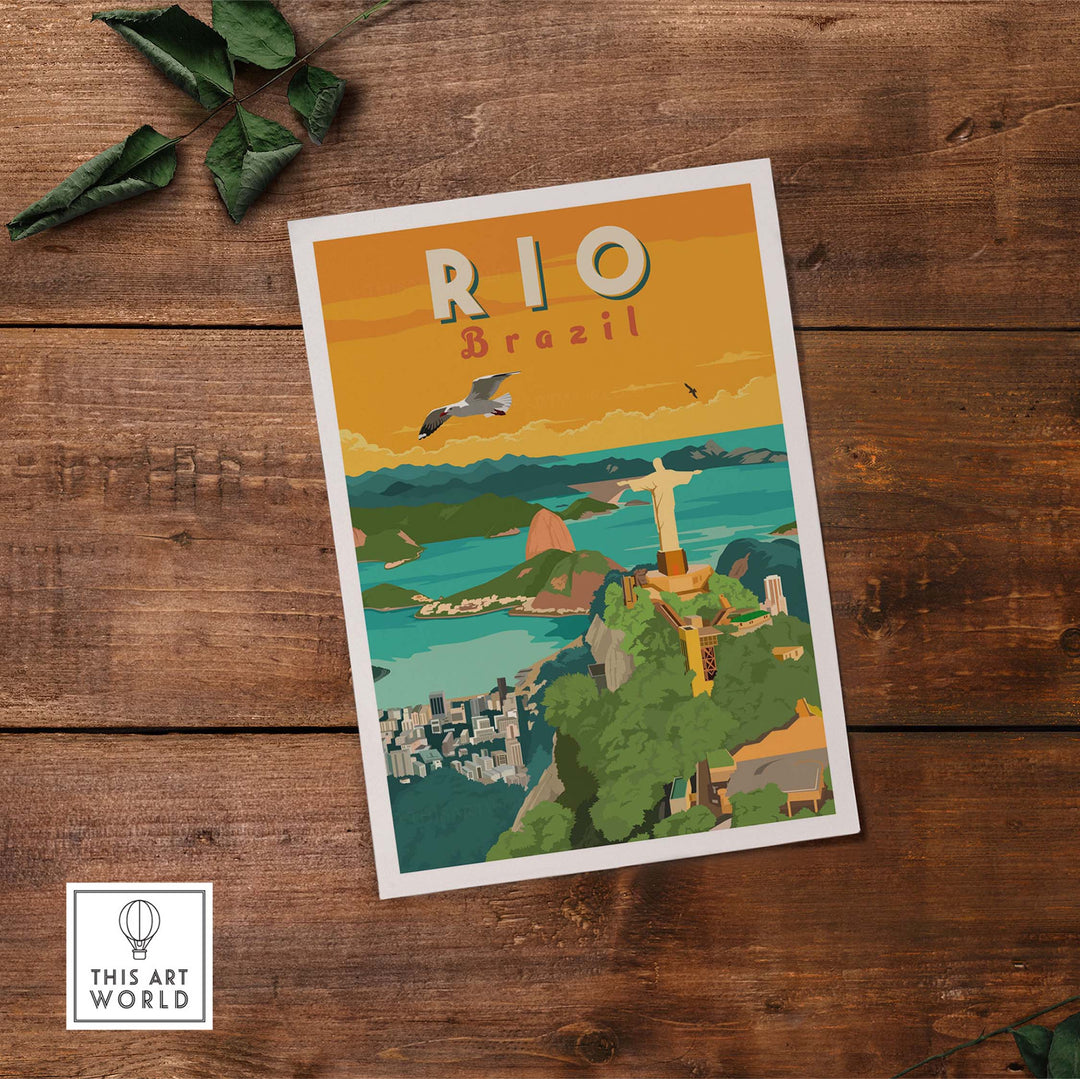 Rio Brazil wall art print featuring vibrant colors and iconic landmarks, inspired by vintage travel posters.