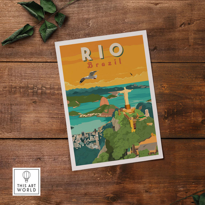 Rio Brazil wall art print featuring vibrant colors and iconic landmarks, inspired by vintage travel posters.