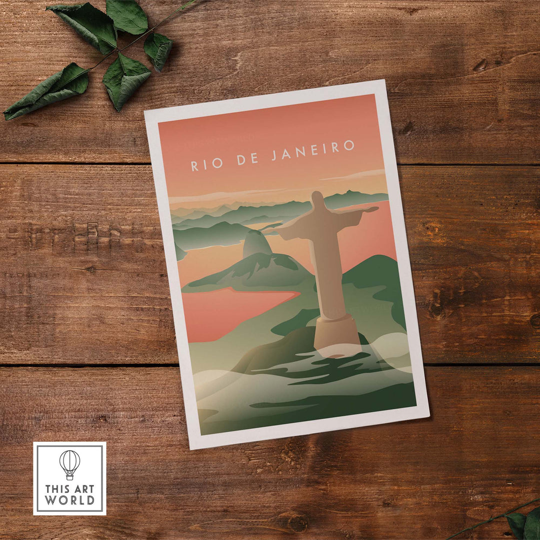 Rio de Janeiro wall art poster featuring Christ the Redeemer against a vintage landscape backdrop.