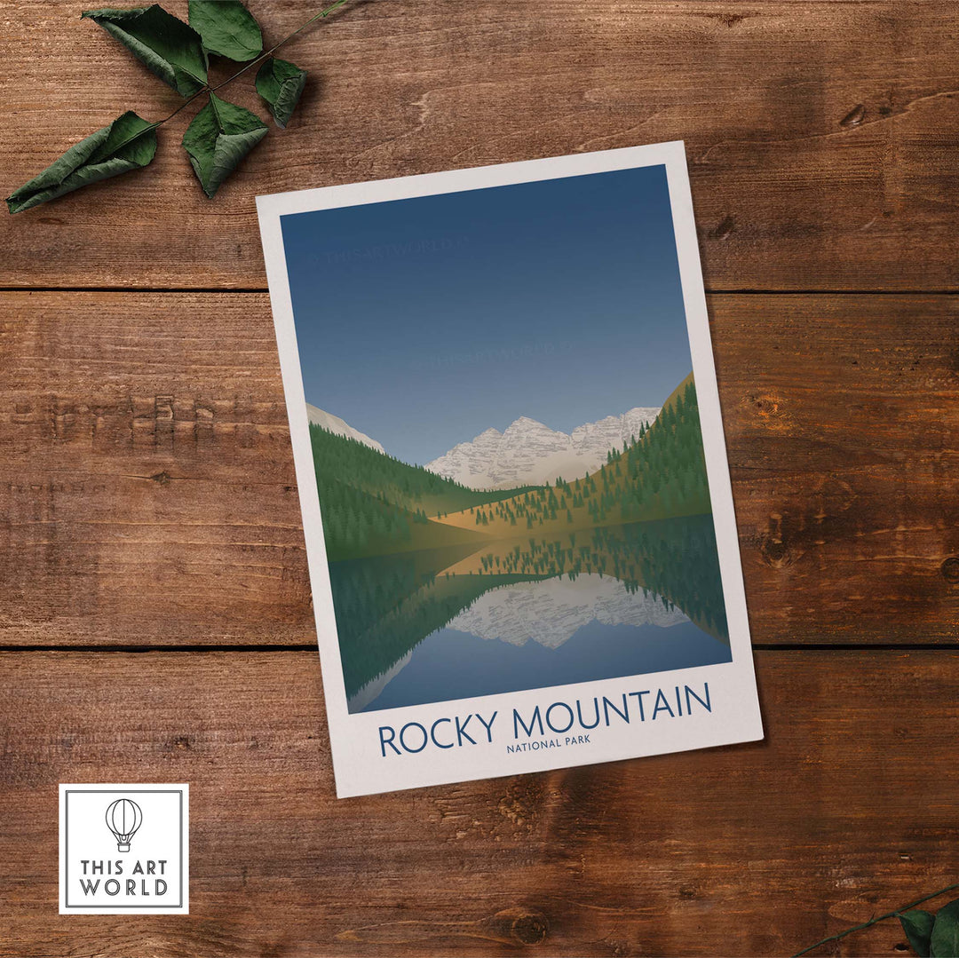 Rocky Mountain National Park art print featuring minimalist design and serene mountain reflection on water.