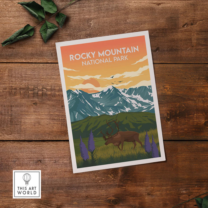 Rocky Mountain National Park print featuring mountains, elk, and vintage travel poster design for home decor.