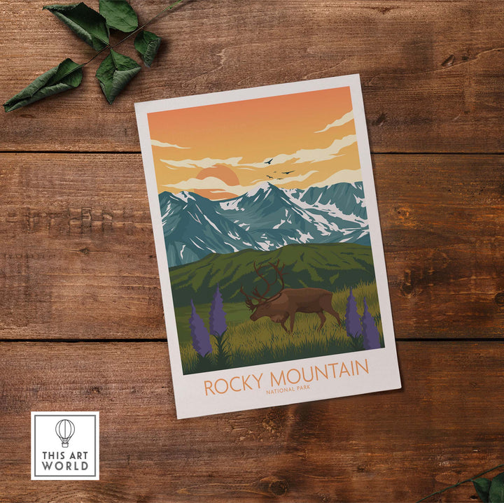 Rocky Mountain National Park art print featuring mountains, wildlife, and minimalist design on wooden background.