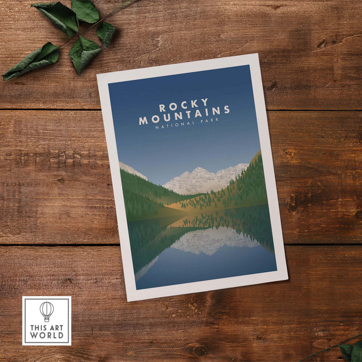 Rocky Mountains National Park art print showcasing minimalist design and nature scenery, perfect for home decor.