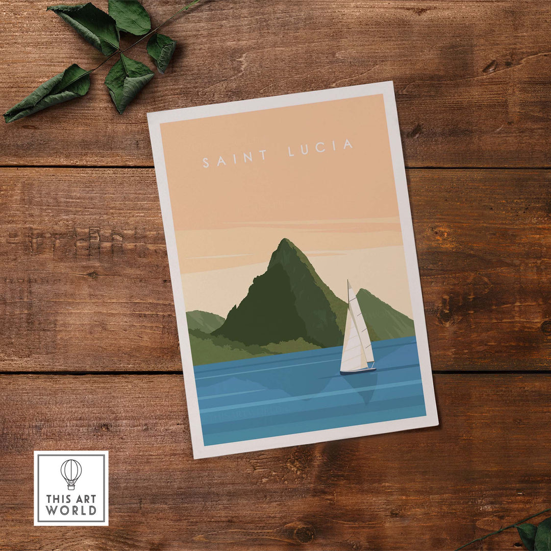 Saint Lucia wall art print featuring sailboat and mountains in a minimalist design on wooden background.
