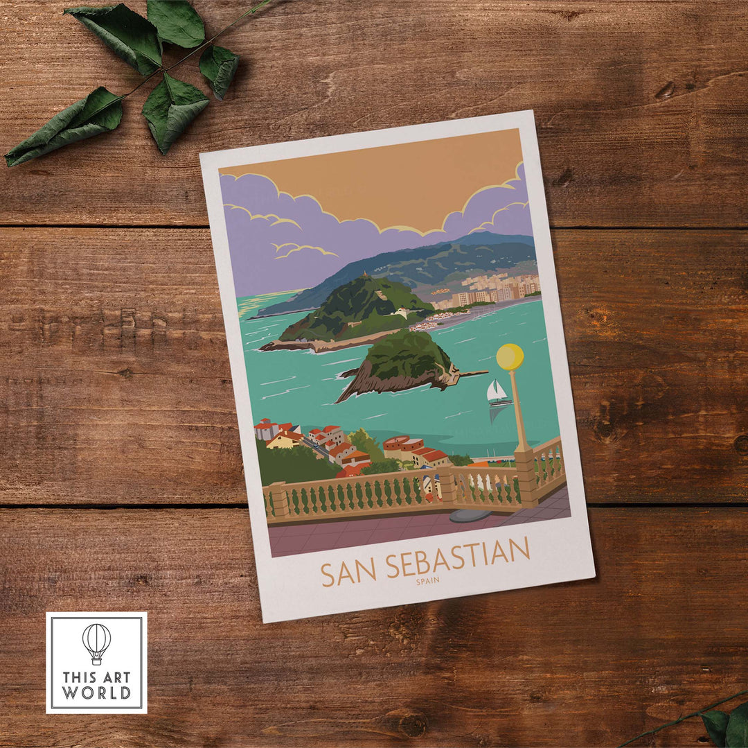 San Sebastian Poster Print featuring a vibrant coastal landscape and vintage design, perfect wall art for travel enthusiasts.