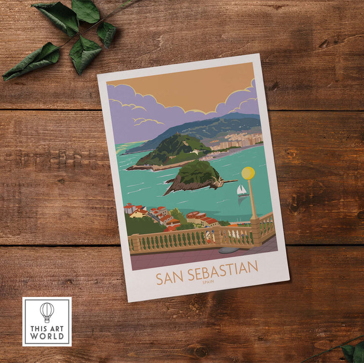 San Sebastian Poster Print featuring a vibrant coastal landscape and vintage design, perfect wall art for travel enthusiasts.