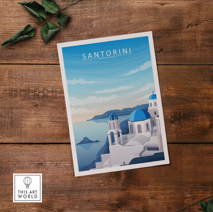 Minimalist Santorini print wall art featuring iconic blue domes and scenic ocean views.