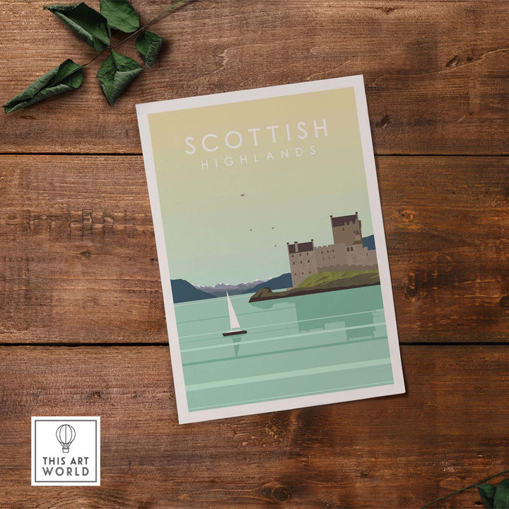 Scottish Highlands print wall art poster featuring a serene landscape with a castle and sailboat on calm waters.