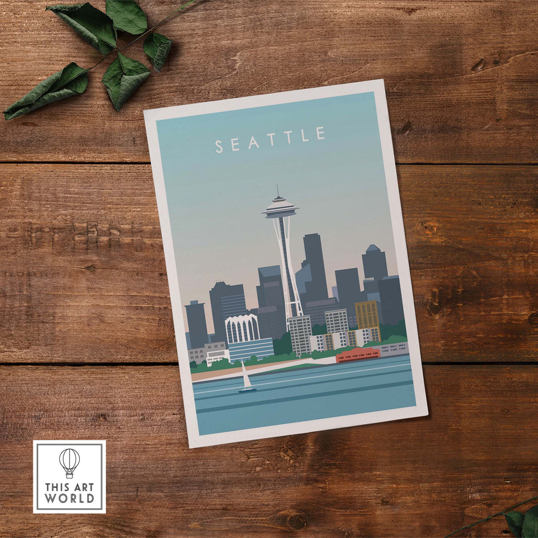 Seattle Print Wall Art Poster featuring iconic skyline and Space Needle against a vintage-inspired backdrop.