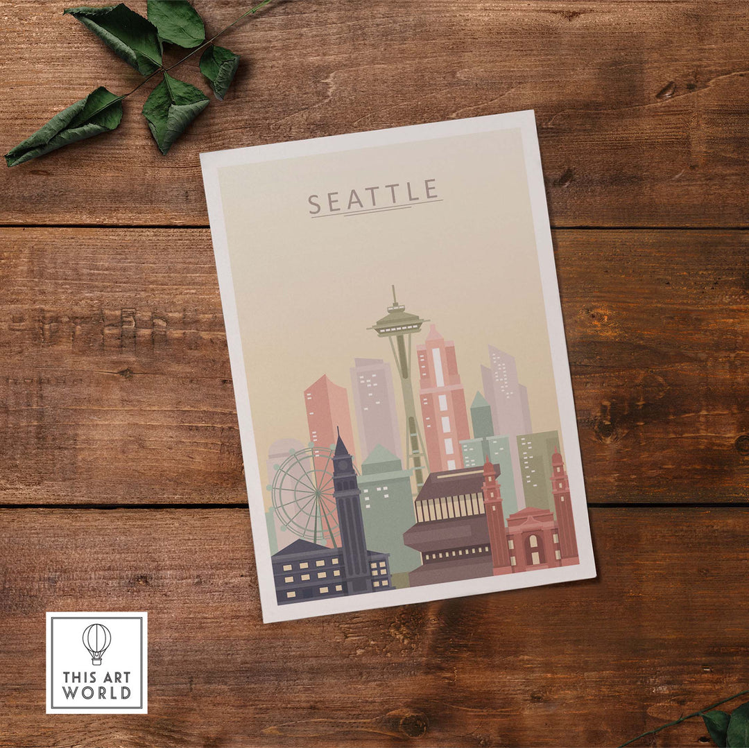 Seattle city skyline print showcasing iconic buildings in pastel tones, perfect for wall art decor.