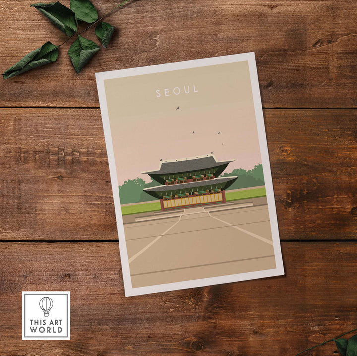 Seoul Poster Print showcasing historic architecture, perfect for home or office decor with a vintage travel aesthetic.