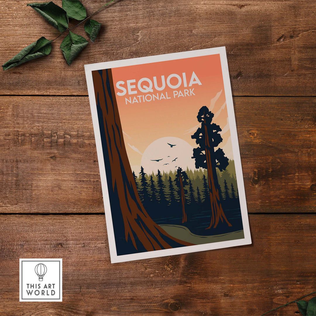 Sequoia National Park poster featuring tall trees and a sunset, perfect for nature-inspired wall art.