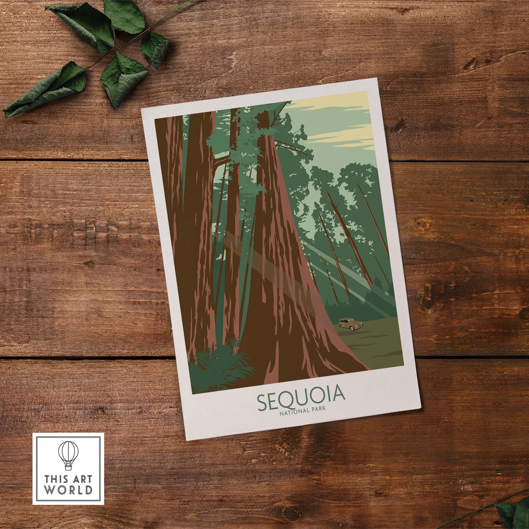 Sequoia National Park poster print featuring vintage-style artwork of towering trees in a natural setting.