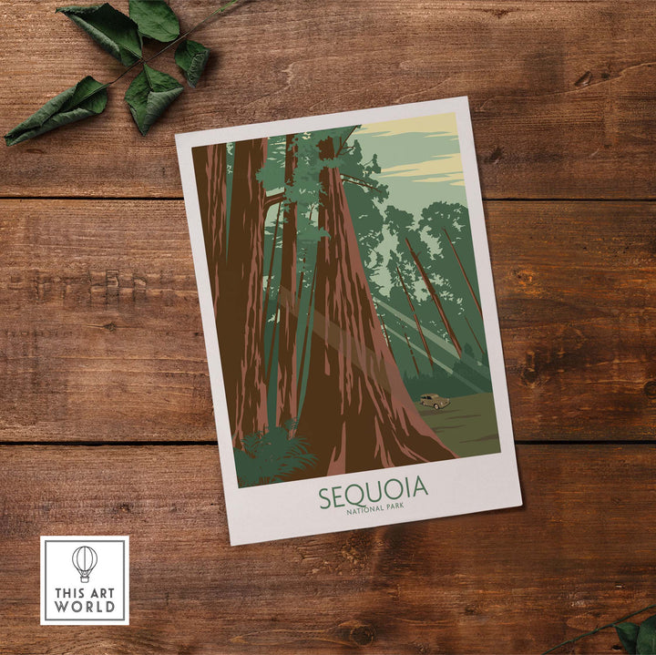 Sequoia National Park poster print featuring vintage-style artwork of towering trees in a natural setting.