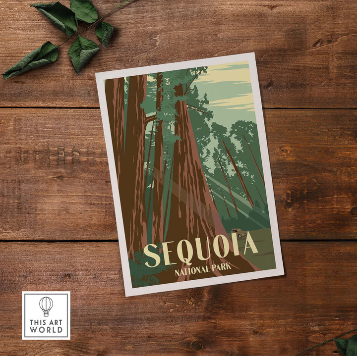 Sequoia National Park print featuring vintage-inspired artwork of towering trees and lush greenery.