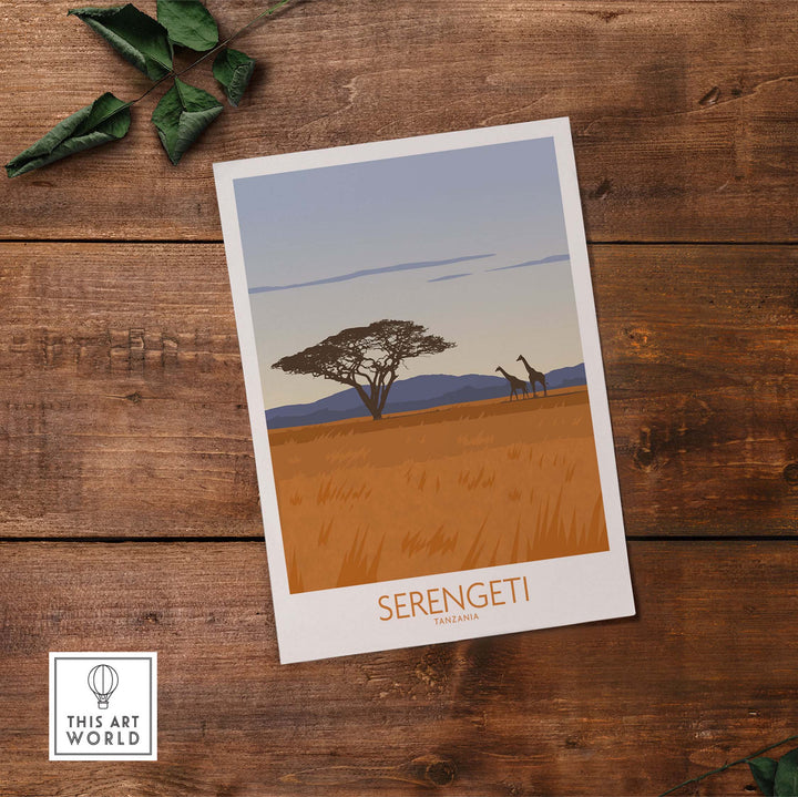 Serengeti National Park poster print featuring giraffes and acacia trees, perfect for stylish wall art.