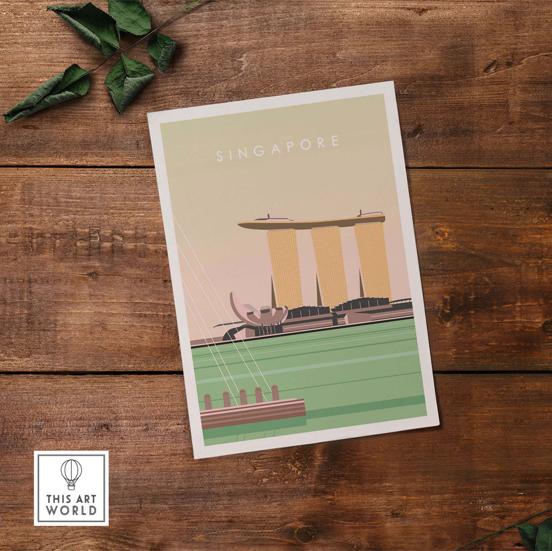 Singapore poster print featuring iconic landmarks with a vintage travel art style.