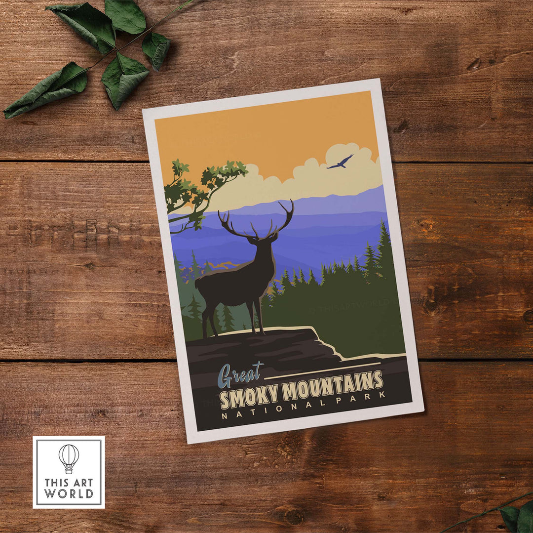 Vintage Smoky Mountains National Park poster featuring a majestic elk and scenic landscape.