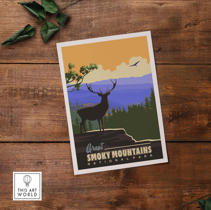 Vintage Smoky Mountains National Park poster featuring a majestic elk and scenic landscape.