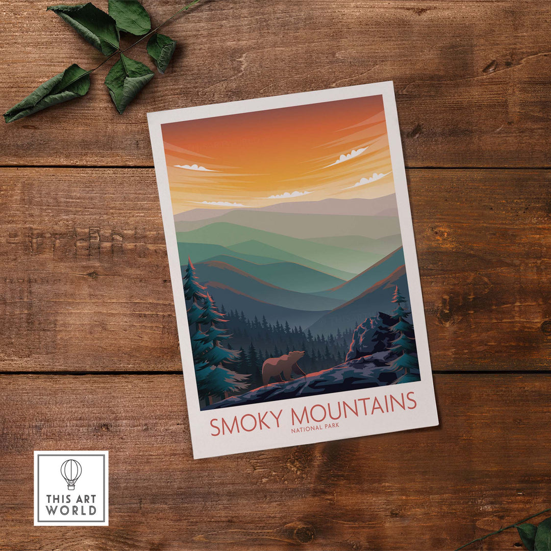 Smoky Mountains National Park poster featuring colorful sunset over rolling hills with a bear, minimalist design.