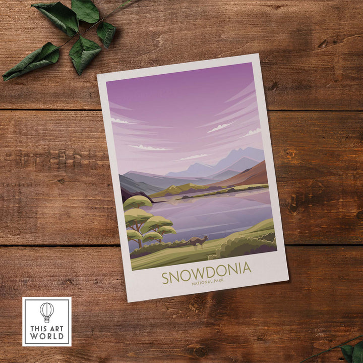 Snowdonia National Park poster art print featuring minimalist landscape design with mountains and lake.
