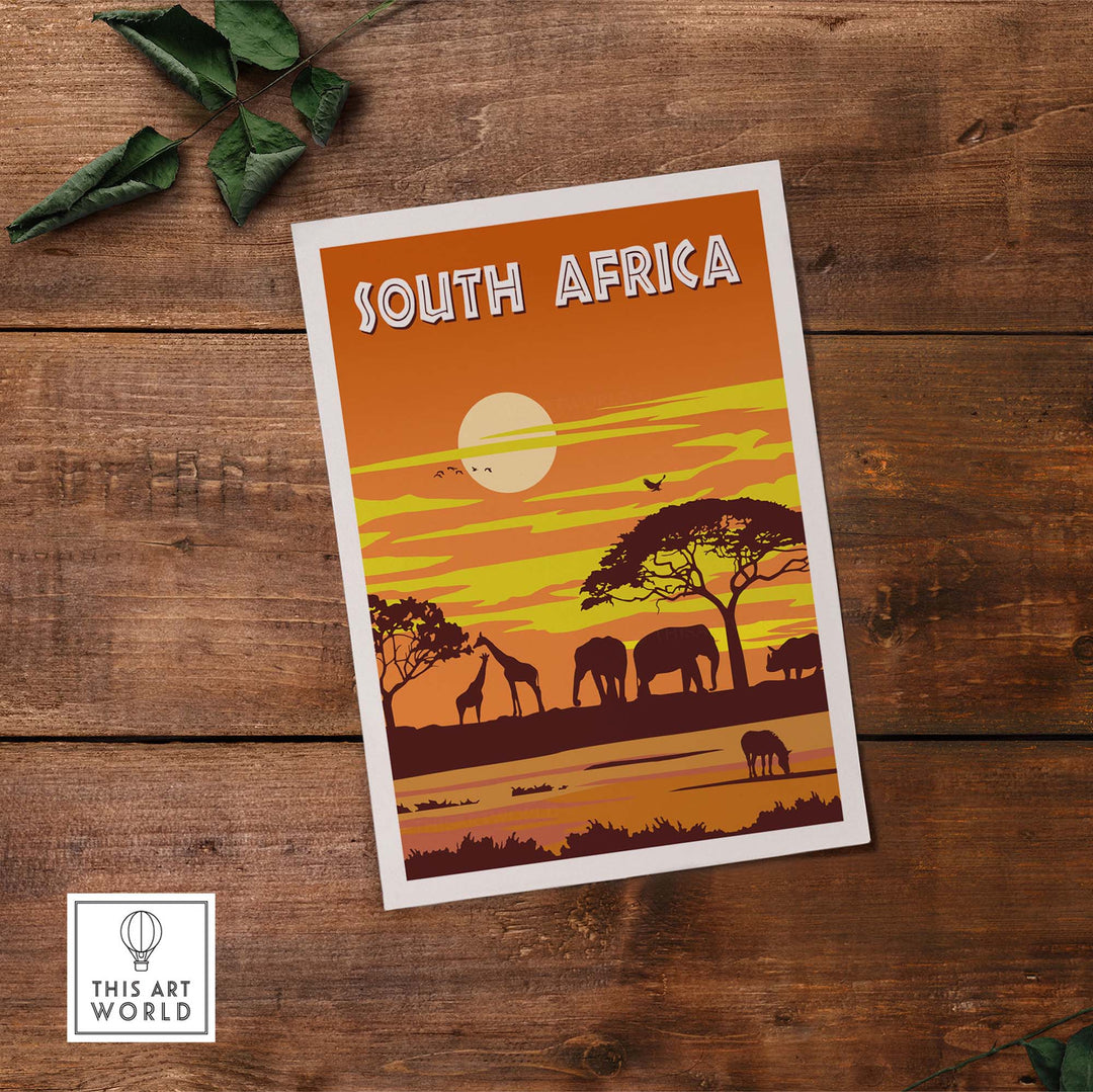 Vintage style South Africa poster featuring elephants and giraffes at sunset, perfect for home decor.