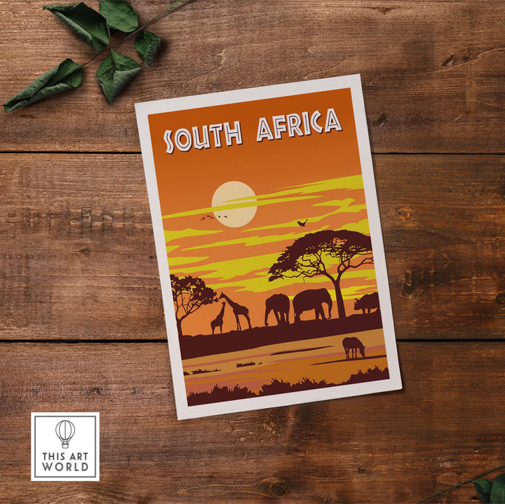Vintage style South Africa poster featuring elephants and giraffes at sunset, perfect for home decor.