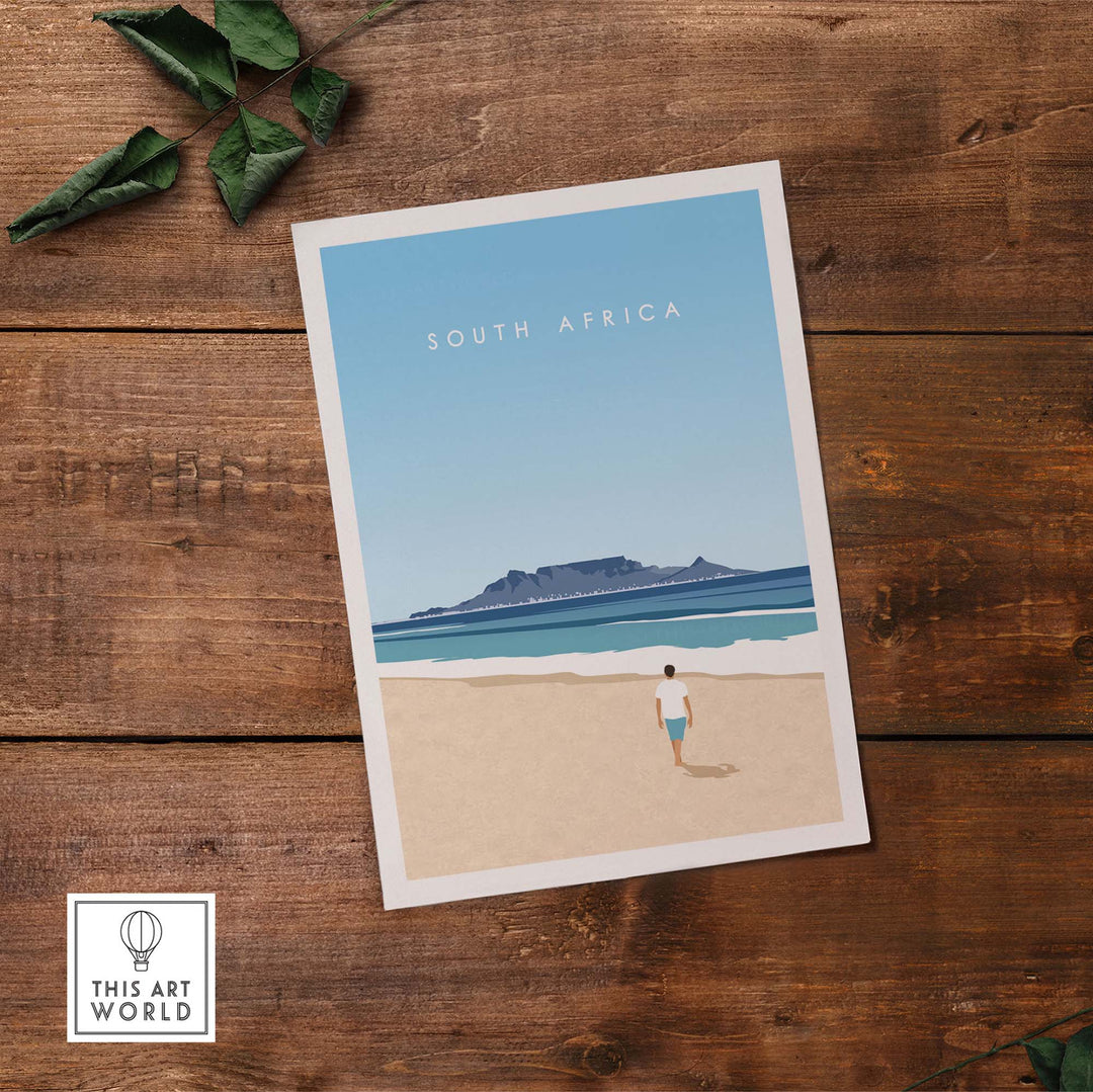 South Africa travel poster print featuring a minimalist beach scene and a person walking on sand.